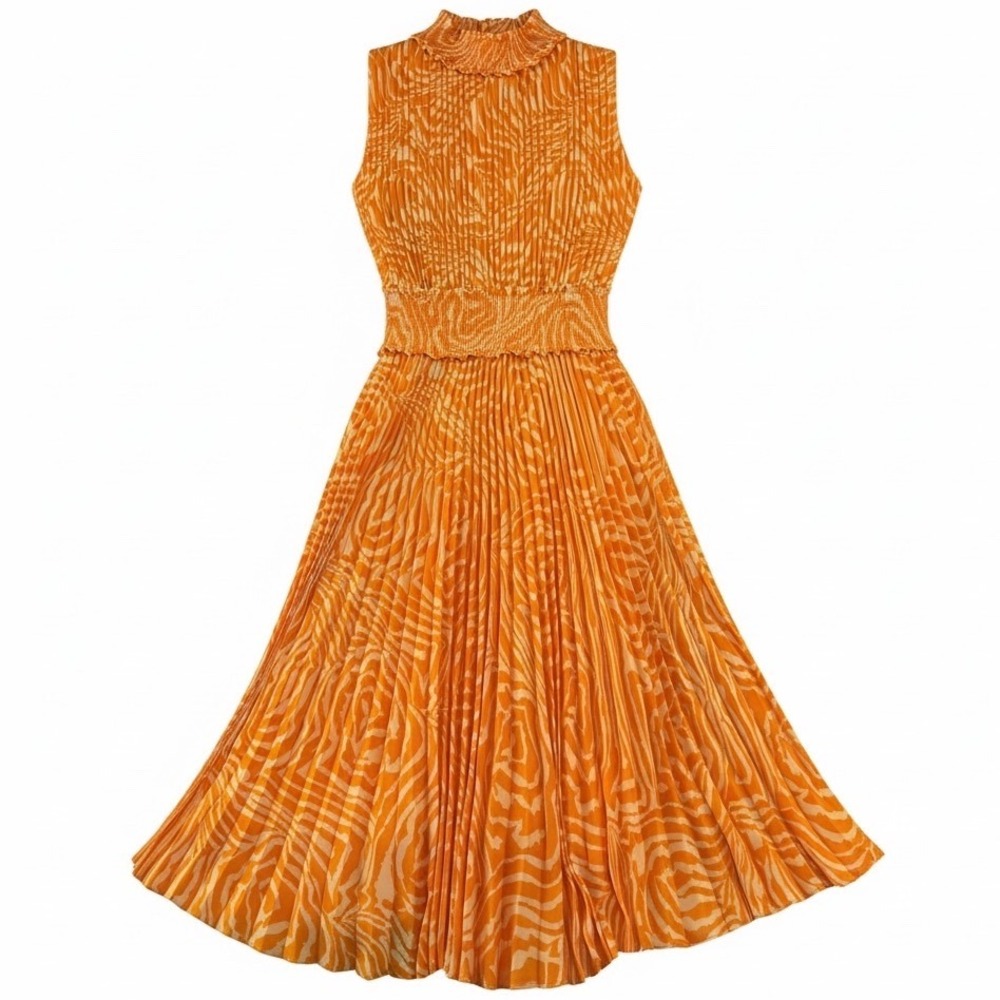 Nanette Lepore Pleated Midi Dress Womens 4 Orange Zebra Print Smocked Sleeveless